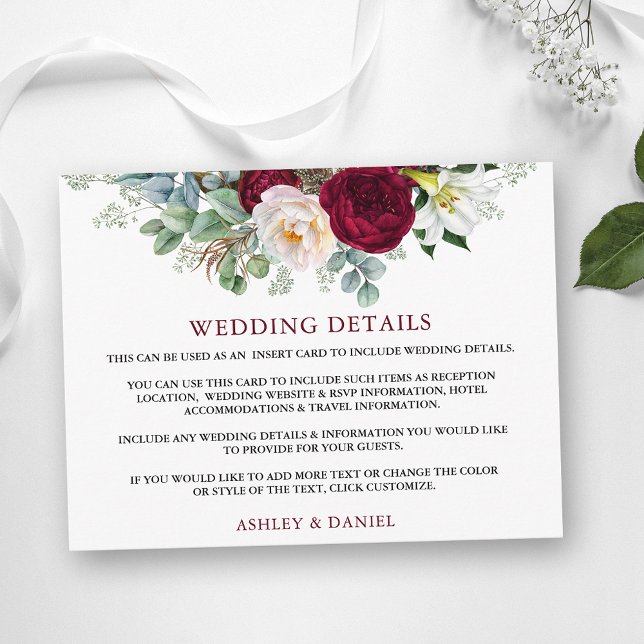 Wedding Details Burgundy Floral Insert Card (Customize to change text color, text style or add text & photos to back of card.)