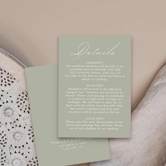 Wedding Details Calligraphy Script Sage Green Enclosure Card (Sage green wedding details card from my Wedding Colors collection)