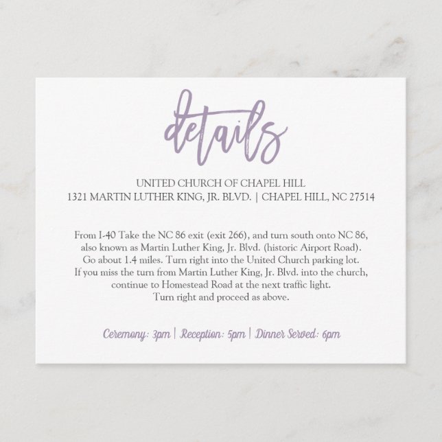 Wedding Details Card | Brush Lettered Lavender (Front)