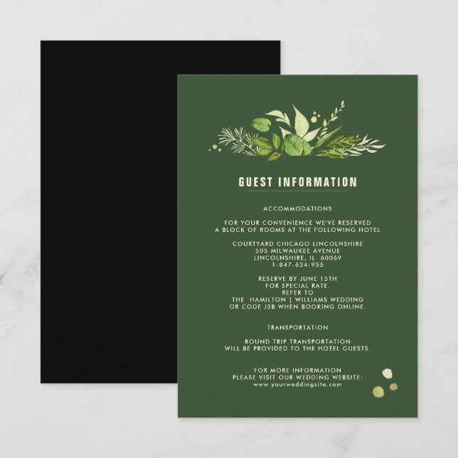 Wedding Details Cards | Green Black Botanical (Front/Back)