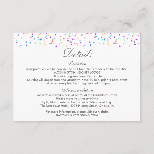 Wedding Details Colourful Rainbow Confetti Enclosure Card (Front)