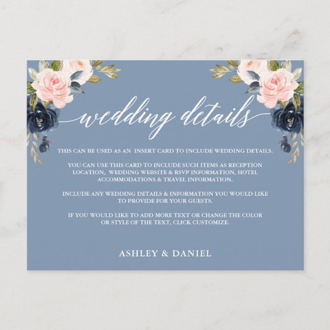 Wedding Details Dusty Blue Pink Floral Insert Card (Front)