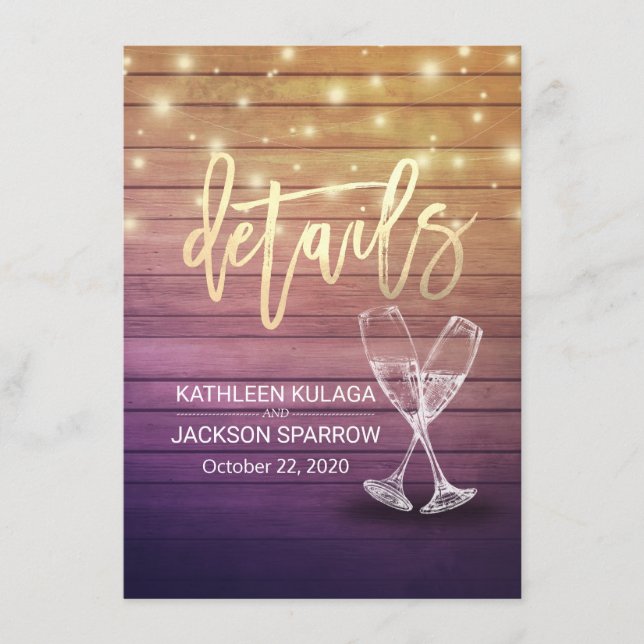 Wedding Details Information Champagne Glasses Wood Enclosure Card (Front)