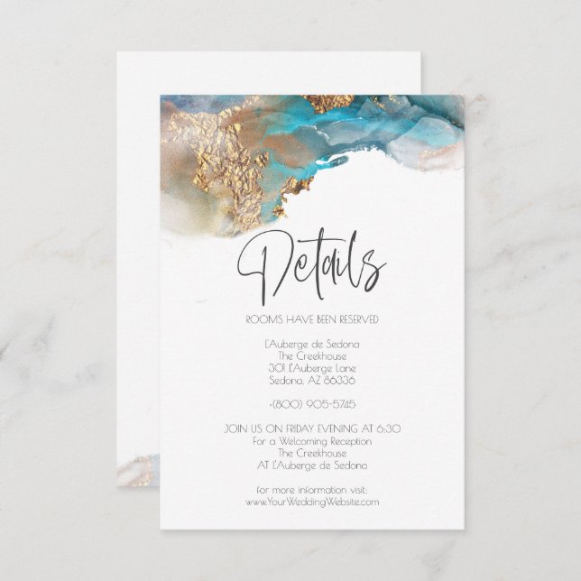 Wedding | Details Modern Aqua Alcohol Ink Invitation (Front/Back)