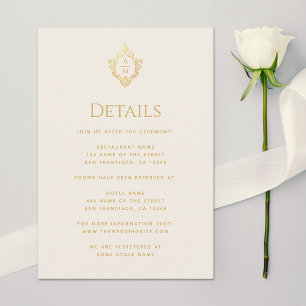 Wedding Details Monogram Crest Vintage Gold Ivory Enclosure Card