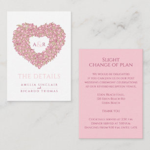 Wedding details pink tulips heart bouquet monogram enclosure card