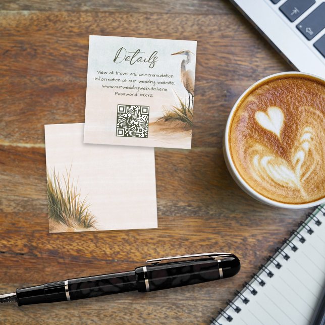 Wedding Details QR code Coastal Boho Egret Enclosure Card (Creator Uploaded)