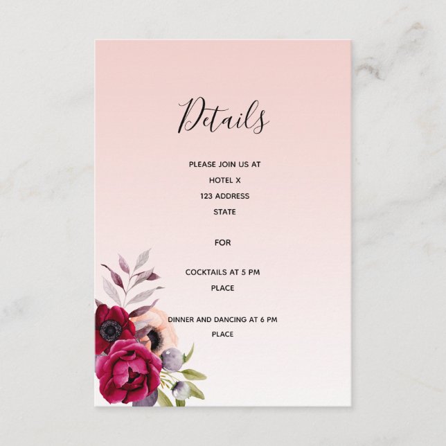 Wedding details rose gold burgundy reception enclosure card (Front)