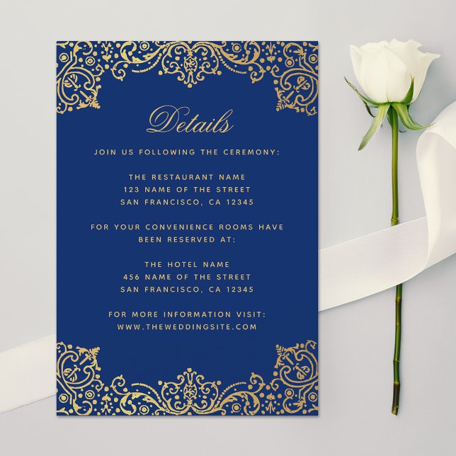 Wedding Details Royal Blue Faux Gold Ornate Script Enclosure Card (Creator Uploaded)