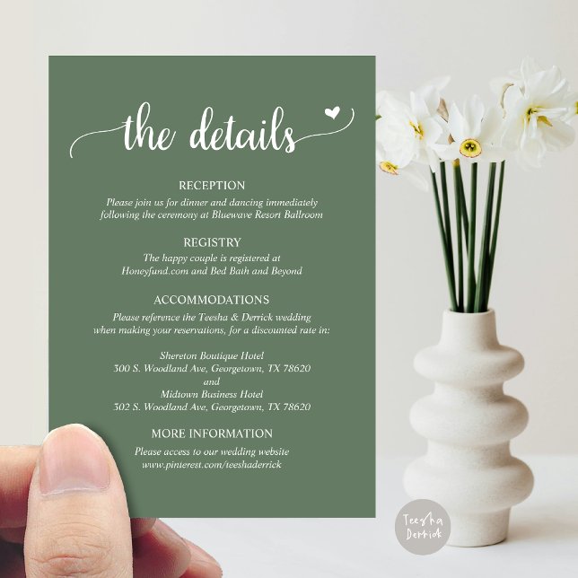 Wedding Details, Rustic Script  Enclosure Card (Wedding Details, Rustic Script Enclosure Card, in Forest Sage Green)