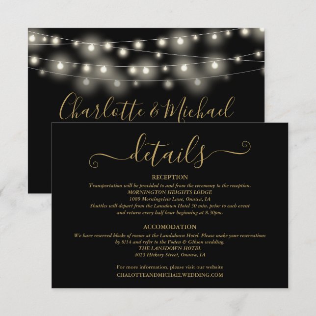 Wedding Details Spring Lights Script Black Gold Enclosure Card (Front/Back)