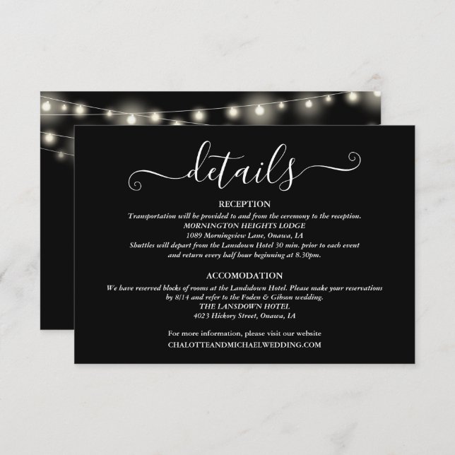 Wedding Details Spring Lights Script Black White Enclosure Card (Front/Back)
