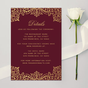 Wedding Details Vintage Burgundy Faux Gold Antique Enclosure Card