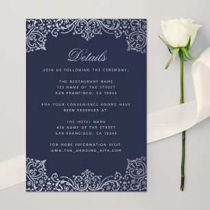 Wedding Details Vintage Navy Blue Silver Antique Enclosure Card