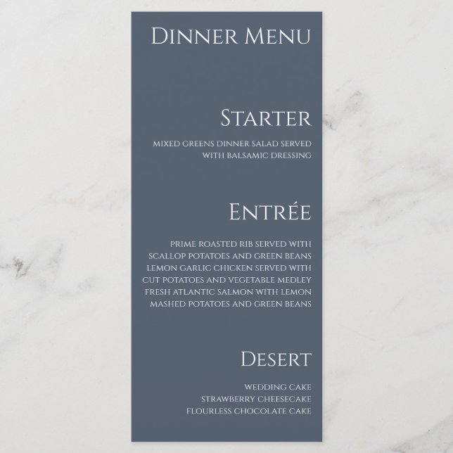 Wedding Dinner and Bar Menu-Blue and White- Menu (Front)