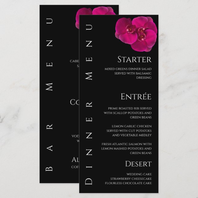 Wedding Dinner and Bar Menu-Fuchsia Orchids- Menu (Front/Back)