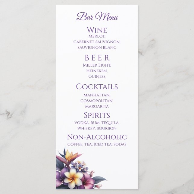 Wedding Dinner and Bar Menu-Tropical Floral Menu (Back)