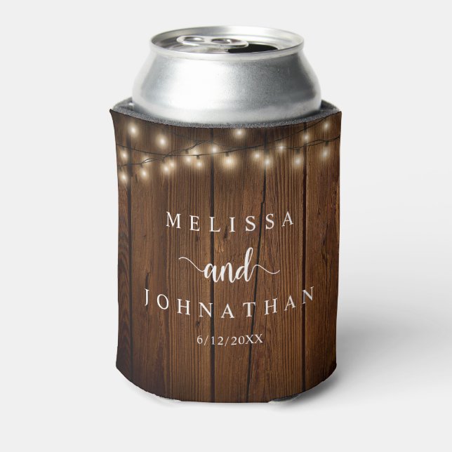 Wedding Dinner and Party, Rustic String Lights Can Cooler (Can Back)