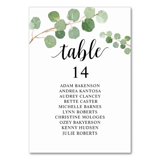 Wedding Dinner, Eucalyptus Guests Seating Chart  Table Number (Front)