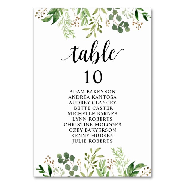 Wedding Dinner,  Greenery Guests Seating Chart Table Number (Front)