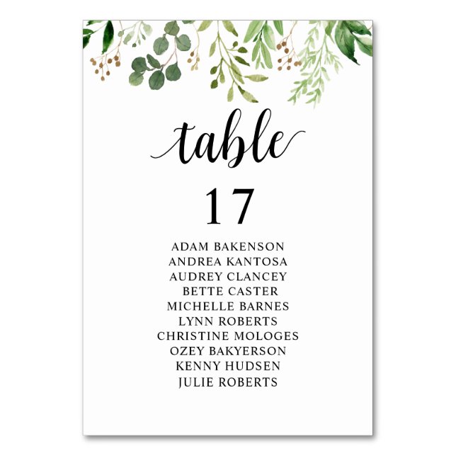 Wedding Dinner, Greenery Guests Seating Chart Table Number (Front)
