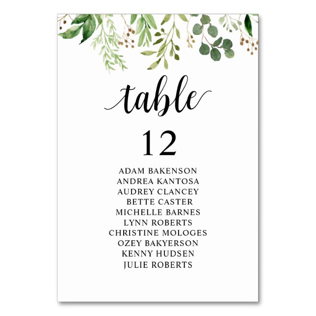 Wedding Dinner, Guests Seating Chart, Greenery Table Number (Front)