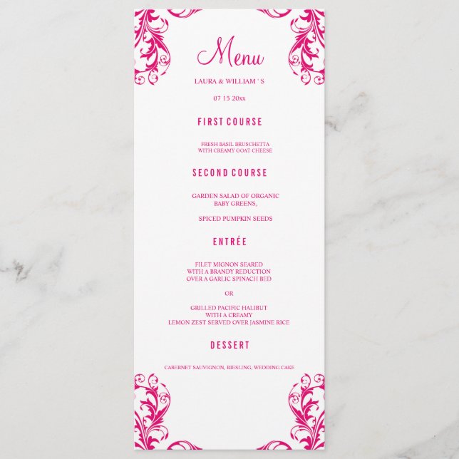 Wedding Dinner Menu Cards | Fuchsia Damask (Front)