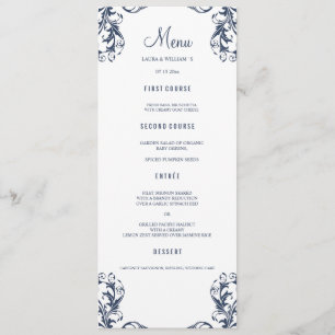 Wedding Dinner Menu Cards Navy Blue Damask Style