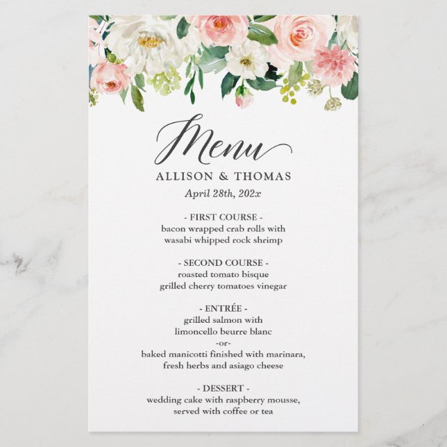 Wedding Dinner Menu Chic Blush Pink White Floral (Front)