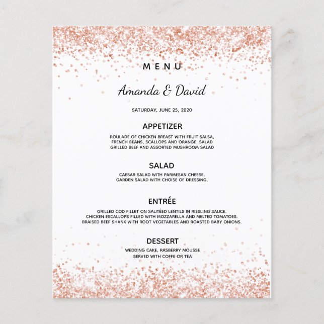 Wedding dinner menu white rose gold confetti (Front)