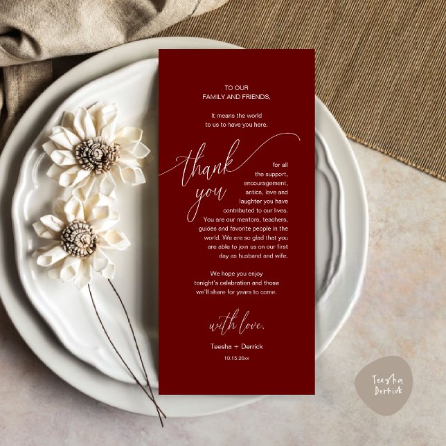 Wedding Dinner Place Setting Modern Thank You Card (Modern Wedding Dinner Brunch Place Setting Thank You Card romantic in aesthetic burgundy red)