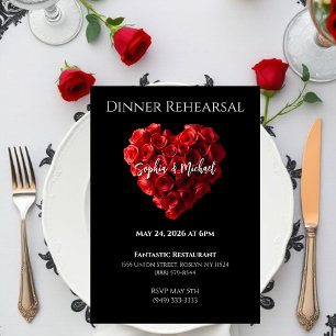 Wedding Dinner Rehearsal-Heart Shaped Red Roses- Invitation