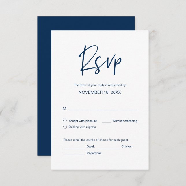 Wedding Dinner RSVP, meal options, Navy Blue font Enclosure Card (Front/Back)