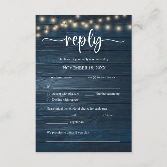 Wedding Dinner RSVP, meal options, song request Enclosure Card (Front)