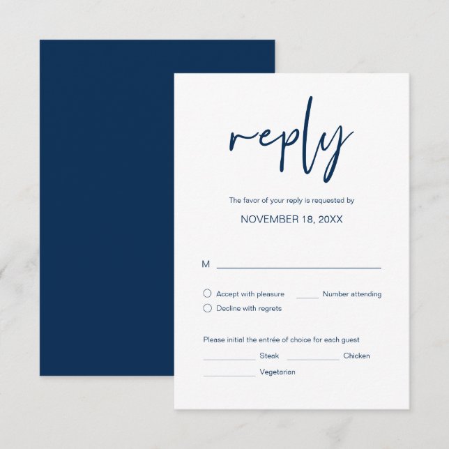 Wedding Dinner RSVP, with meal options, Navy Blue Enclosure Card (Front/Back)