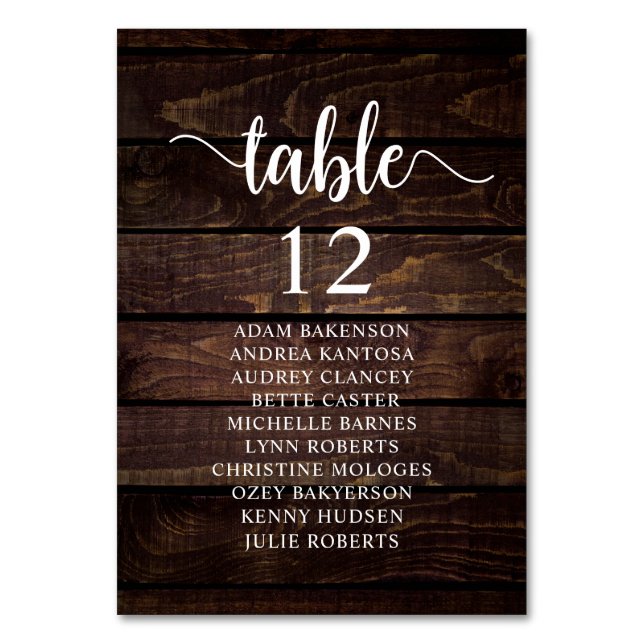 Wedding Dinner, Rustic Guests Seating Chart Table Number (Front)