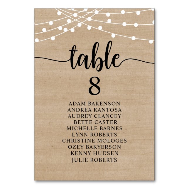 Wedding Dinner, Rustic Guests Seating Chart Table  Table Number (Front)