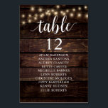 Wedding Dinner, Rustic Guests Seating Chart  Table Table Number<br><div class="desc">Wedding Dinner Guest Seating Table Chart Card,  Modern Rustic Script,  String lights,  Dark Wood background
Customise the text and / or remove and fill in with your wedding party themed.</div>