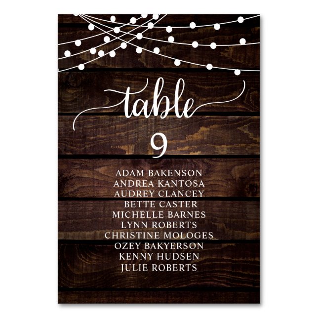 Wedding Dinner, Rustic Wood Guests Seating Chart Table Number (Front)