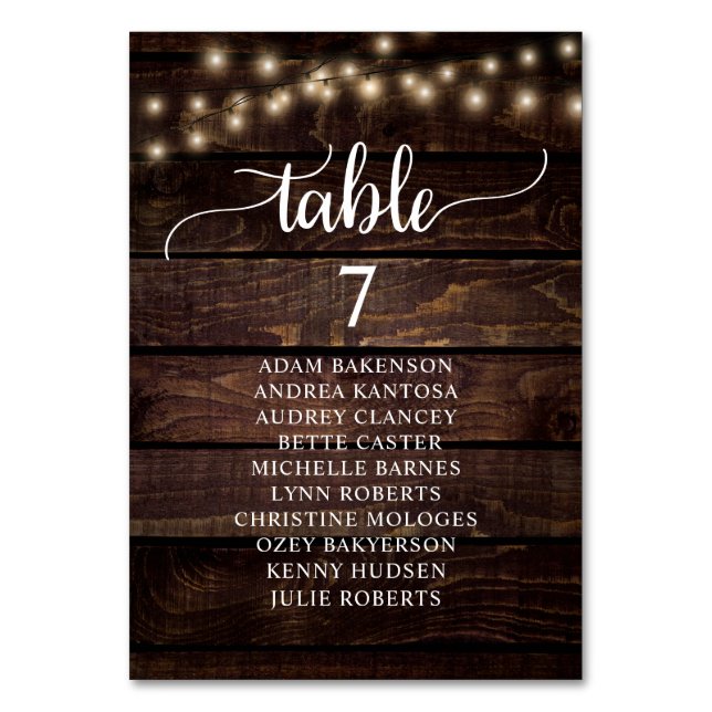 Wedding Dinner, Rustic Wood Guests Seating Chart Table Number (Front)
