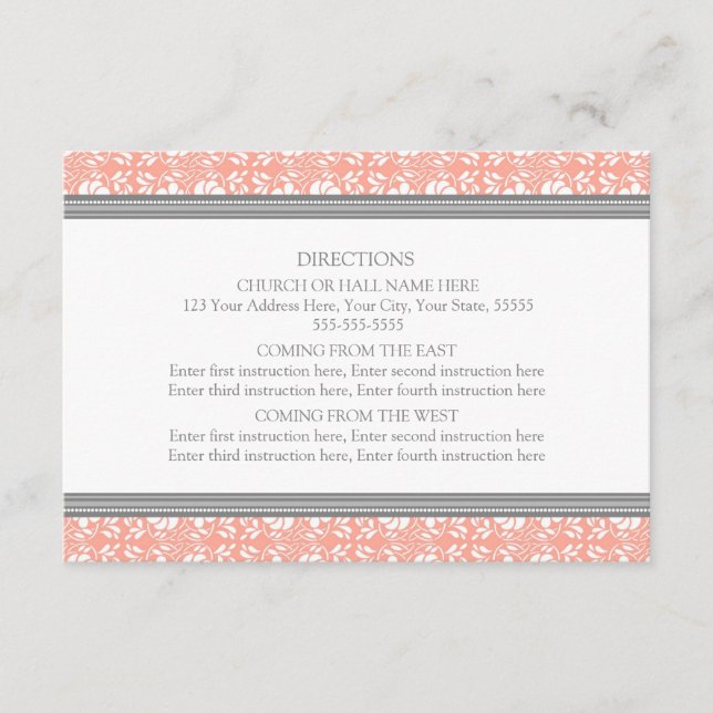 Wedding Direction Cards Coral Grey Damask (Front)