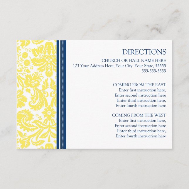 Wedding Direction Cards Lemon Blue Damask (Front)
