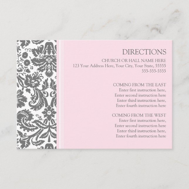 Wedding Direction Cards Pink Grey Damask (Front)