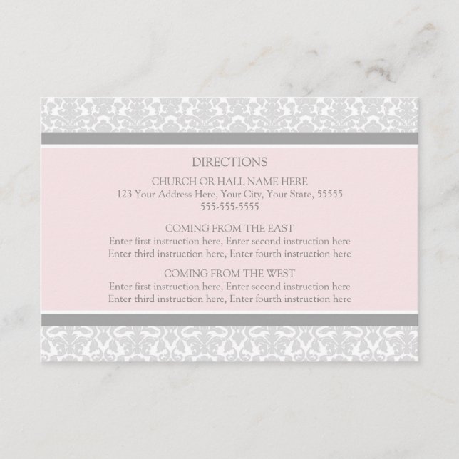 Wedding Direction Cards Pink Grey Damask (Front)