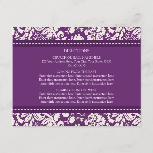 Wedding Direction Cards Plum Damask (Front)