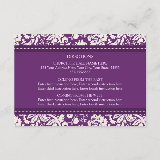Wedding Direction Cards Plum Damask (Front)