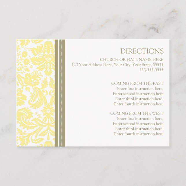 Wedding Direction Cards Tan Yellow Damask (Front)
