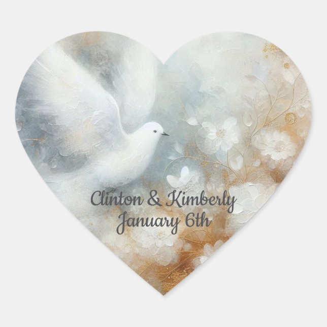 Wedding Dove Floral Customizable Heart Sticker (Front)