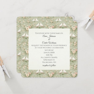 Wedding Doves and Sage Green Ribbons Invitation