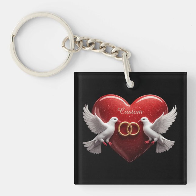 Wedding Doves Heart Romantic Anniversary Gift Keychain (Front)